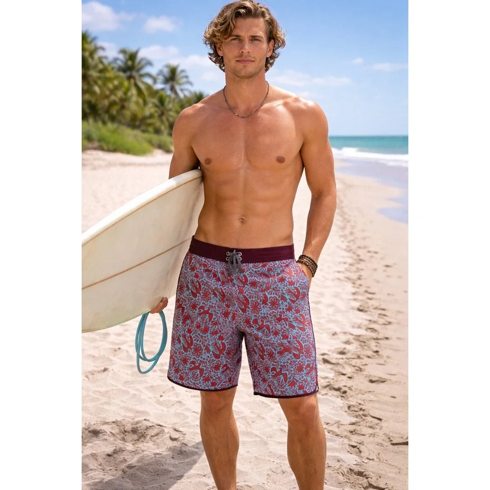 Prana‎ High Seas Board Shorts Mens 36 Red Blue Otomi Bird Floral Swim Trunks H2